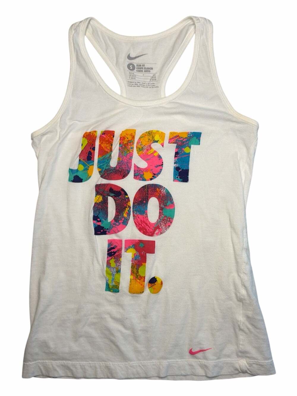 Nike Slim Fit Racerback Tank Top White with Colorful Paint Splatter Just Do It L